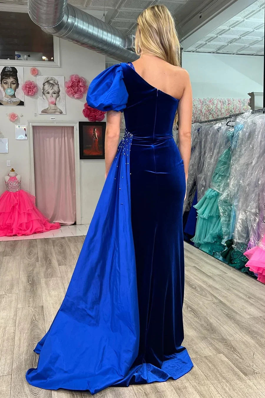 One-Shoulder Velvet Prom Dress with Attached Train