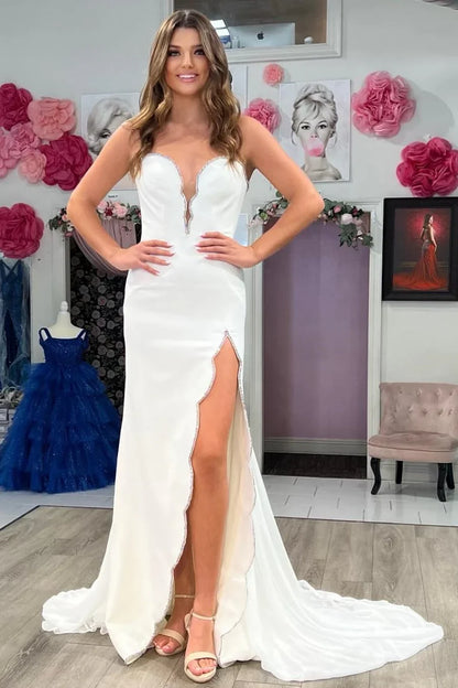 Off-the-Shoulder Beaded Mermaid Prom Dress with Slit