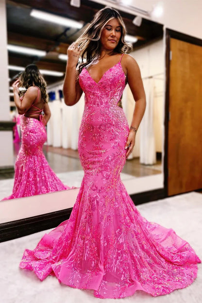 Spaghetti Straps Backless V-Neck Trumpet Prom Dress With Sequin Lace