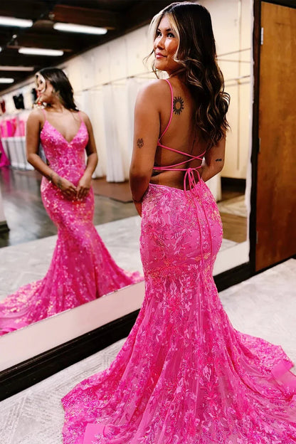 Spaghetti Straps Backless V-Neck Trumpet Prom Dress With Sequin Lace