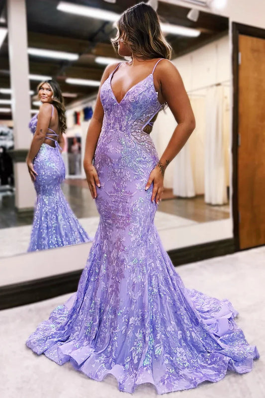 Spaghetti Straps Backless V-Neck Trumpet Prom Dress With Sequin Lace