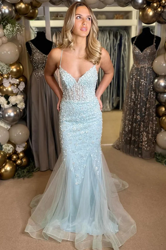V-Neck Applique Lace-Up Prom With Maix Open Back