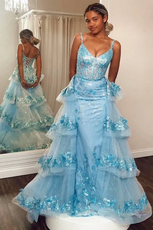 Off-the-Shoulder Spaghetti Straps Sequin Lace-Up V-Neck Dress with Attached Train
