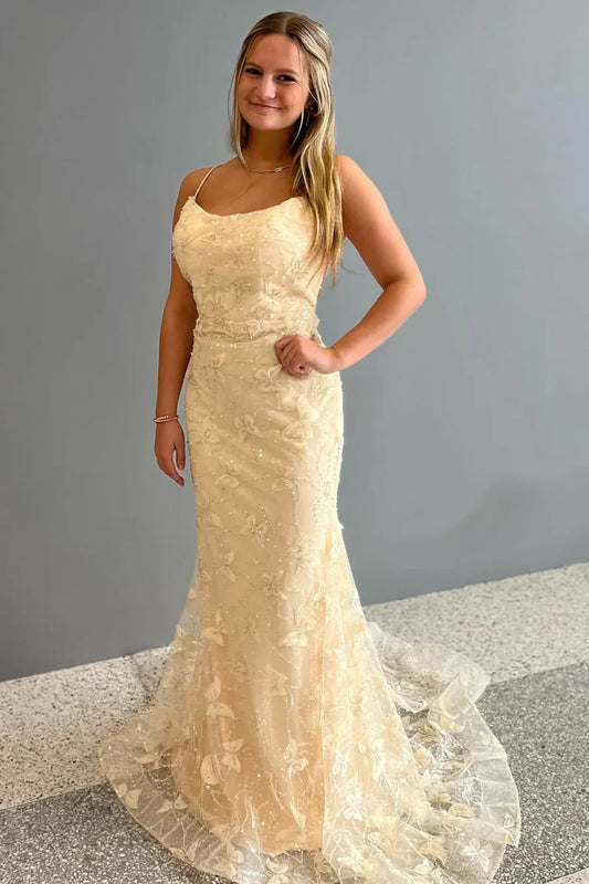 Scoop Neck Mermaid Prom Dress With Butterfly Applique
