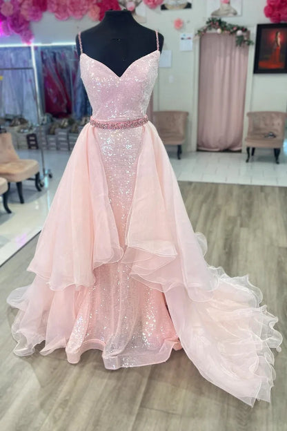 Sequin V-Neck Backless Prom Dress with Train