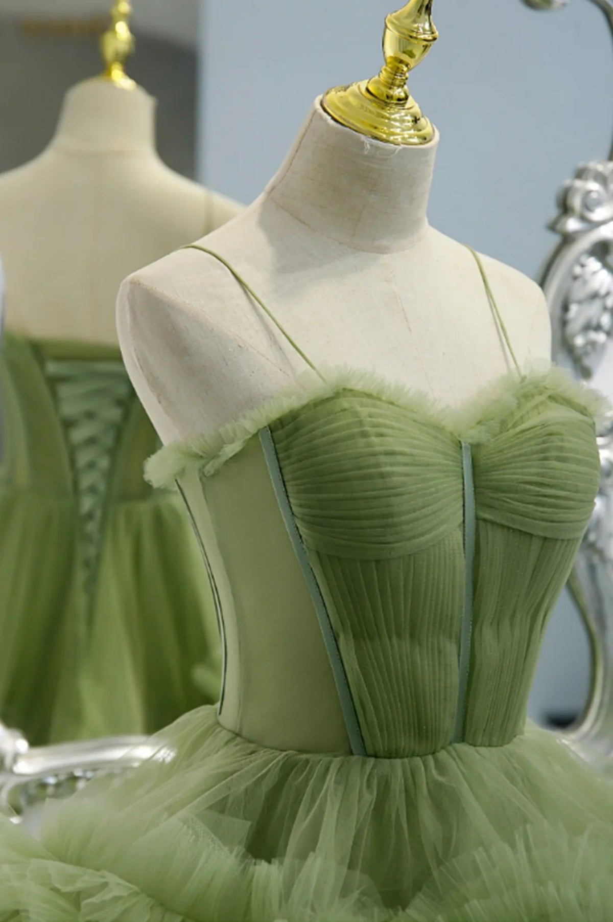 A-Line Formal Green Tulle Long Prom Dresses