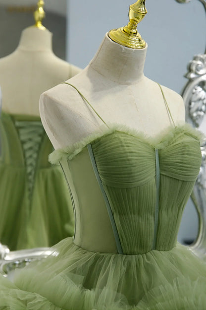 A-Line Formal Green Tulle Long Prom Dresses