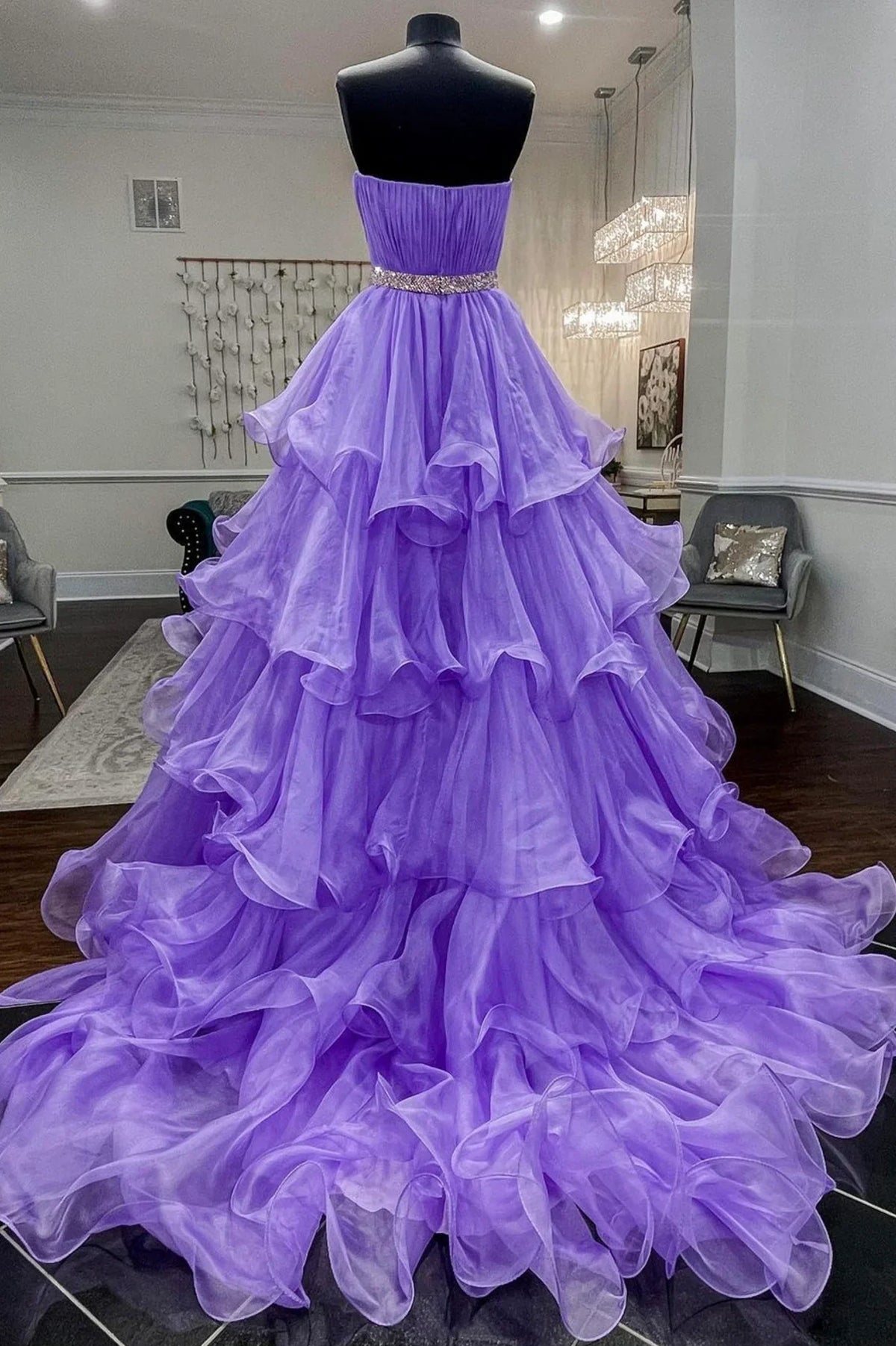 Purple Strapless Organza Long Princess Quinceanera Prom Dress