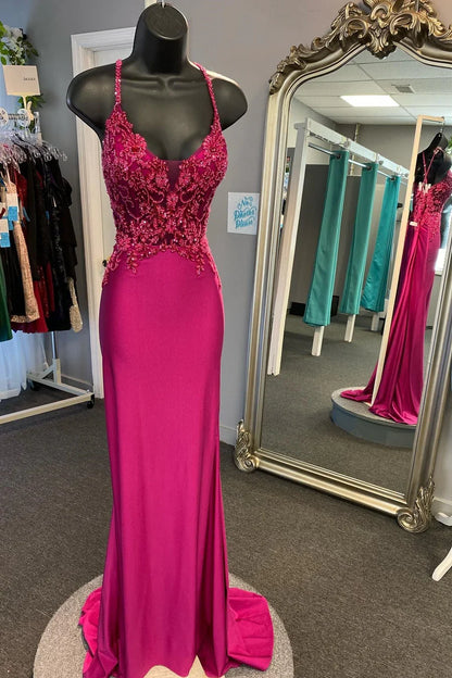 Beaded Lace-Up Mermaid Prom Dress