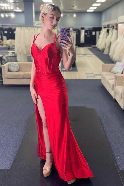 Off-the-Shoulder Backless Spaghetti Strap Mermaid Prom Dress with High Slit