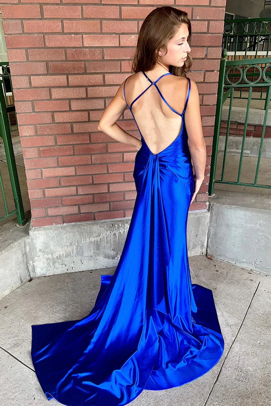 Off-the-Shoulder Backless Spaghetti Strap Mermaid Prom Dress with High Slit