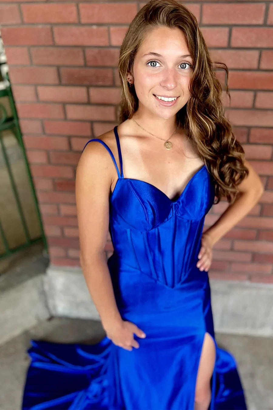 Off-the-Shoulder Backless Spaghetti Strap Mermaid Prom Dress with High Slit