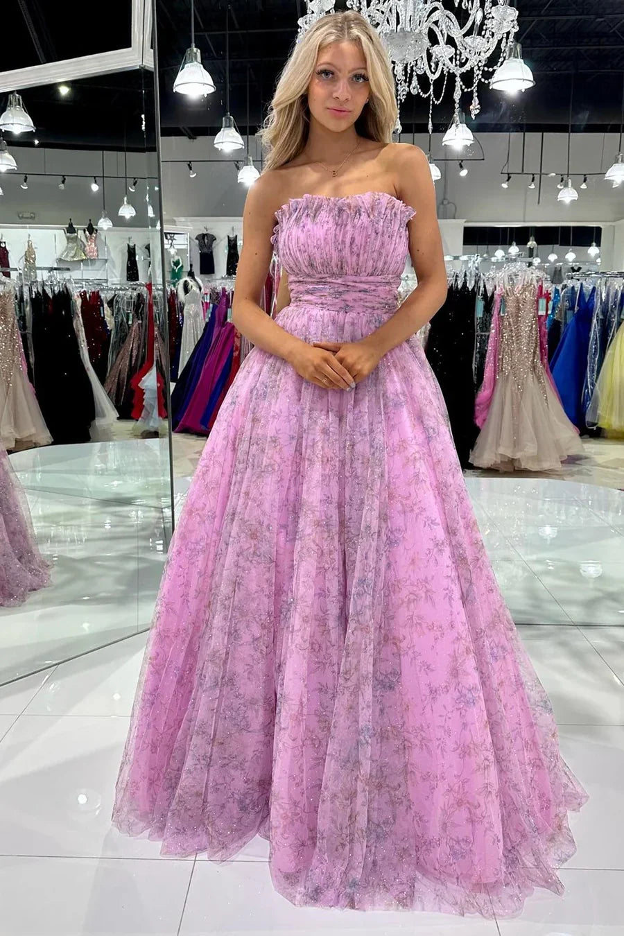 A-Line Print Strapless Ruffle Long Prom Dress