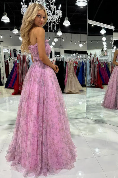 A-Line Print Strapless Ruffle Long Prom Dress