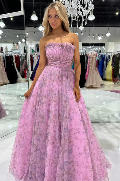 A-Line Print Strapless Ruffle Long Prom Dress