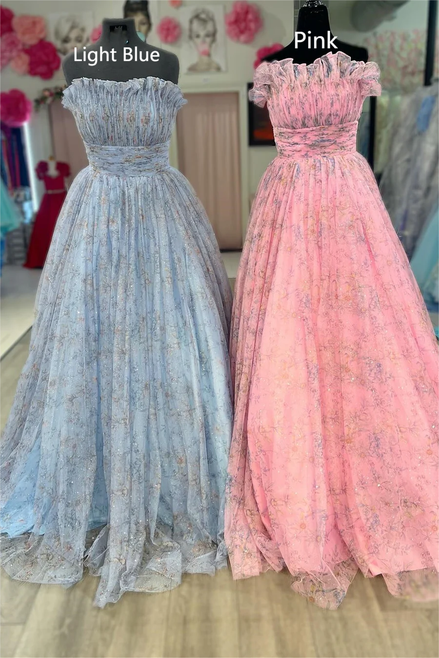 A-Line Print Strapless Ruffle Long Prom Dress