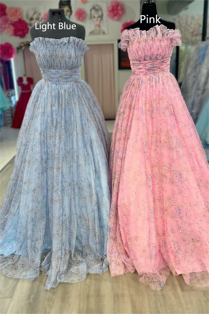A-Line Print Strapless Ruffle Long Prom Dress