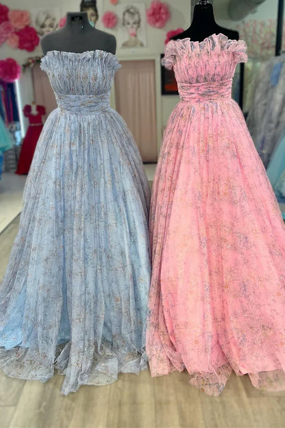 A-Line Print Strapless Ruffle Long Prom Dress