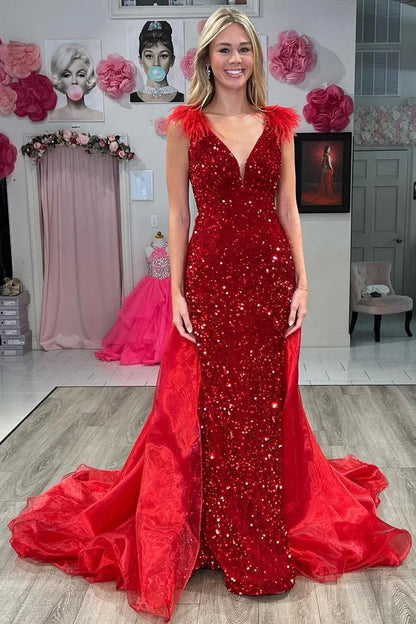 Sequin Deep V Neck Mermaid Prom Dress with Train