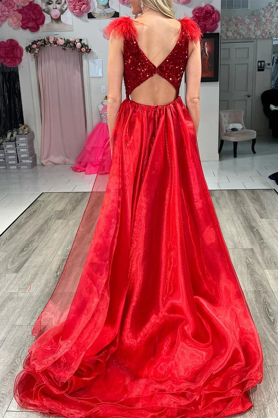 Sequin Deep V Neck Mermaid Prom Dress with Train