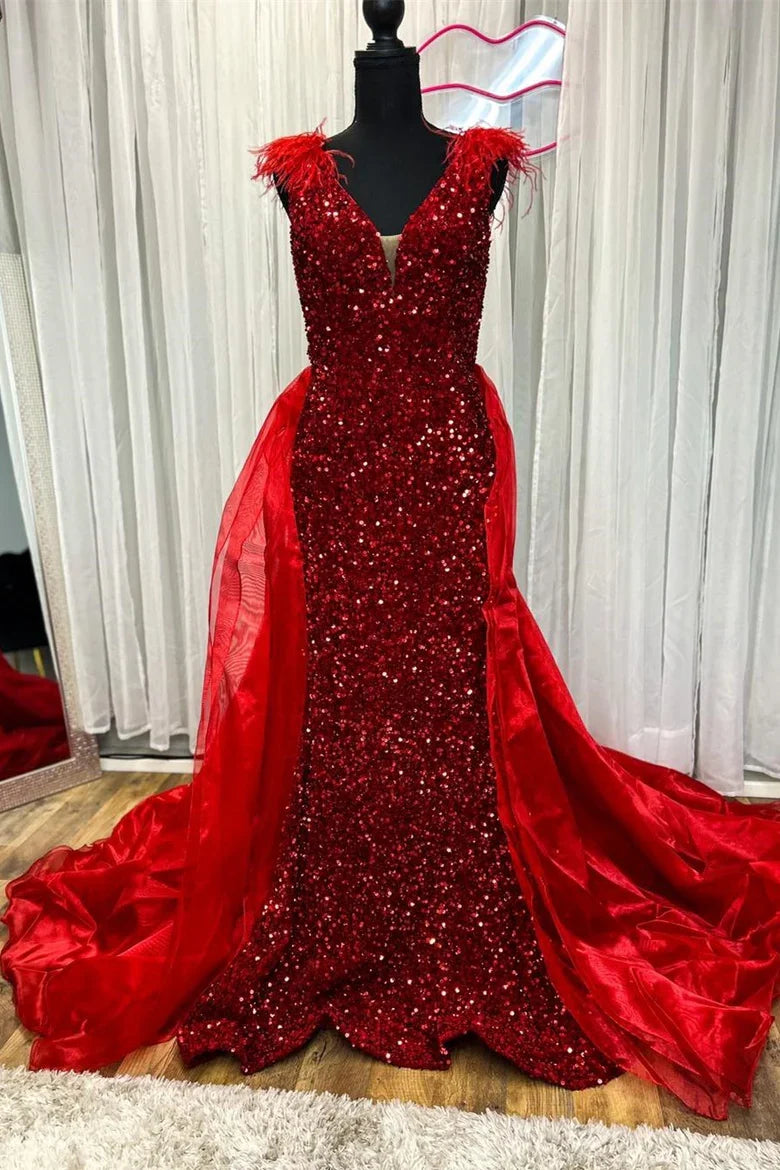 Sequin Deep V Neck Mermaid Prom Dress with Train