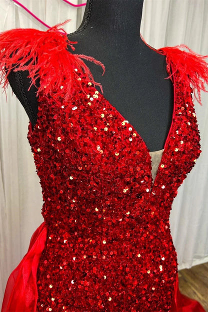 Sequin Deep V Neck Mermaid Prom Dress with Train