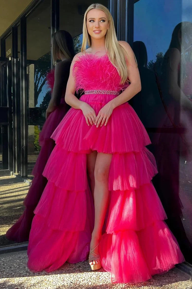 A-line Off-the-Shoulder High-Low Strapless Feathers Prom Dress