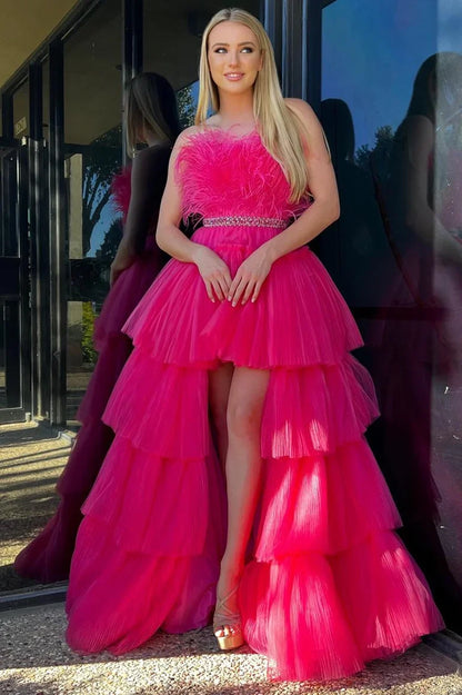 A-line Off-the-Shoulder High-Low Strapless Feathers Prom Dress