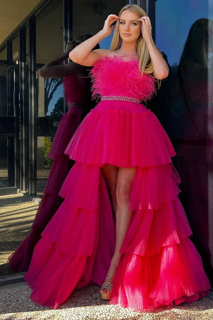 A-line Off-the-Shoulder High-Low Strapless Feathers Prom Dress