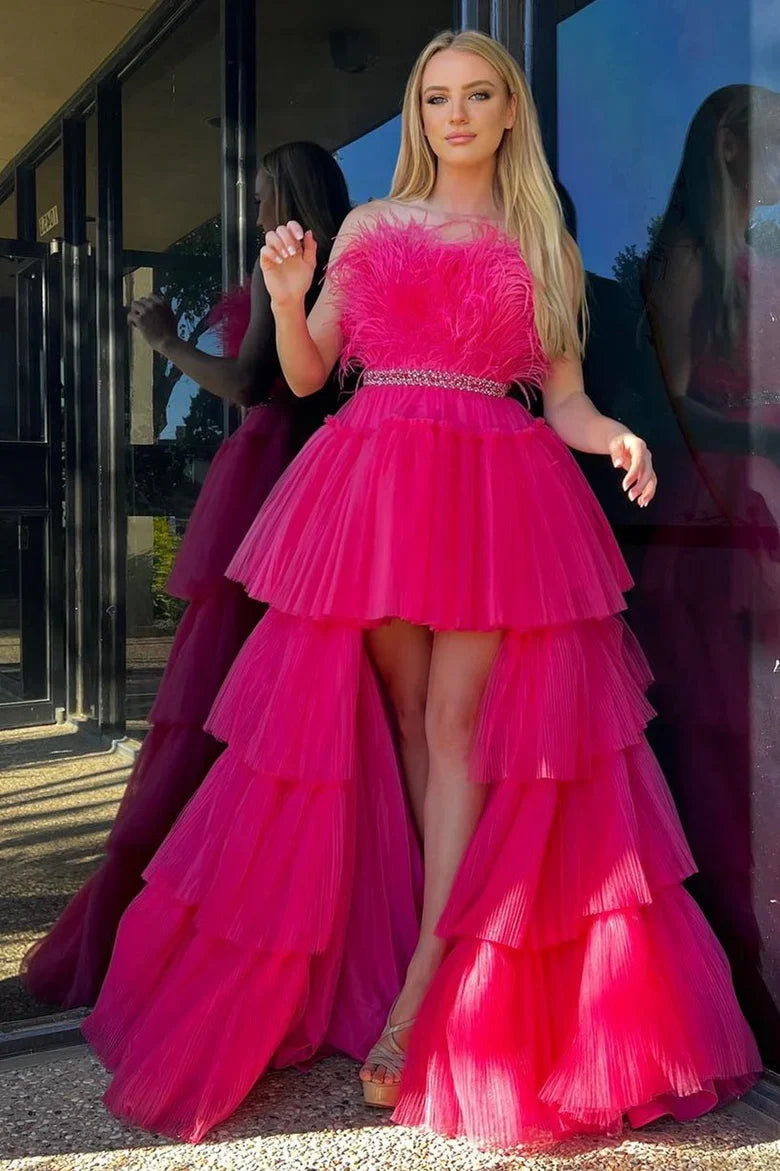 A-line Off-the-Shoulder High-Low Strapless Feathers Prom Dress