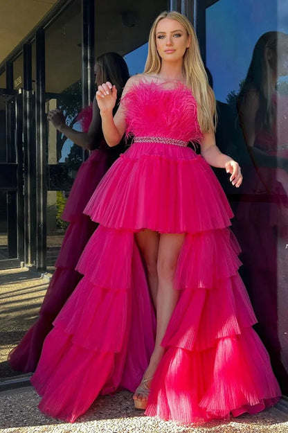 A-line Off-the-Shoulder High-Low Strapless Feathers Prom Dress