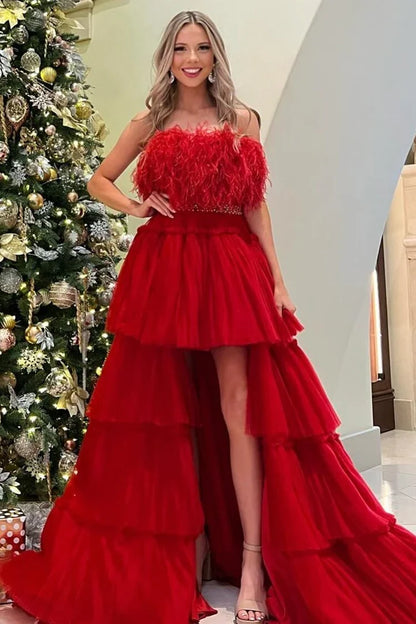A-line Off-the-Shoulder High-Low Strapless Feathers Prom Dress