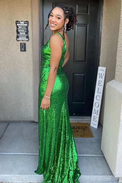 Sequin Square Neck Mermaid Prom Dress with Slit