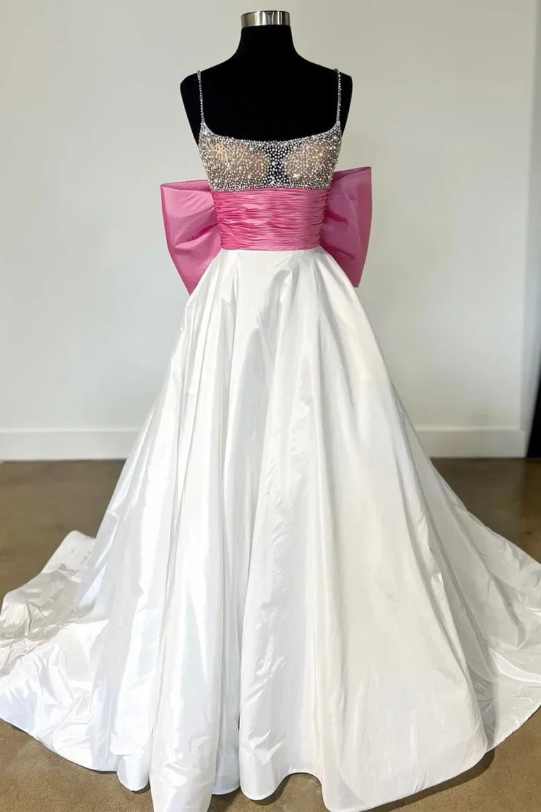 A-Line Beaded Bow-Back Long Prom Dress