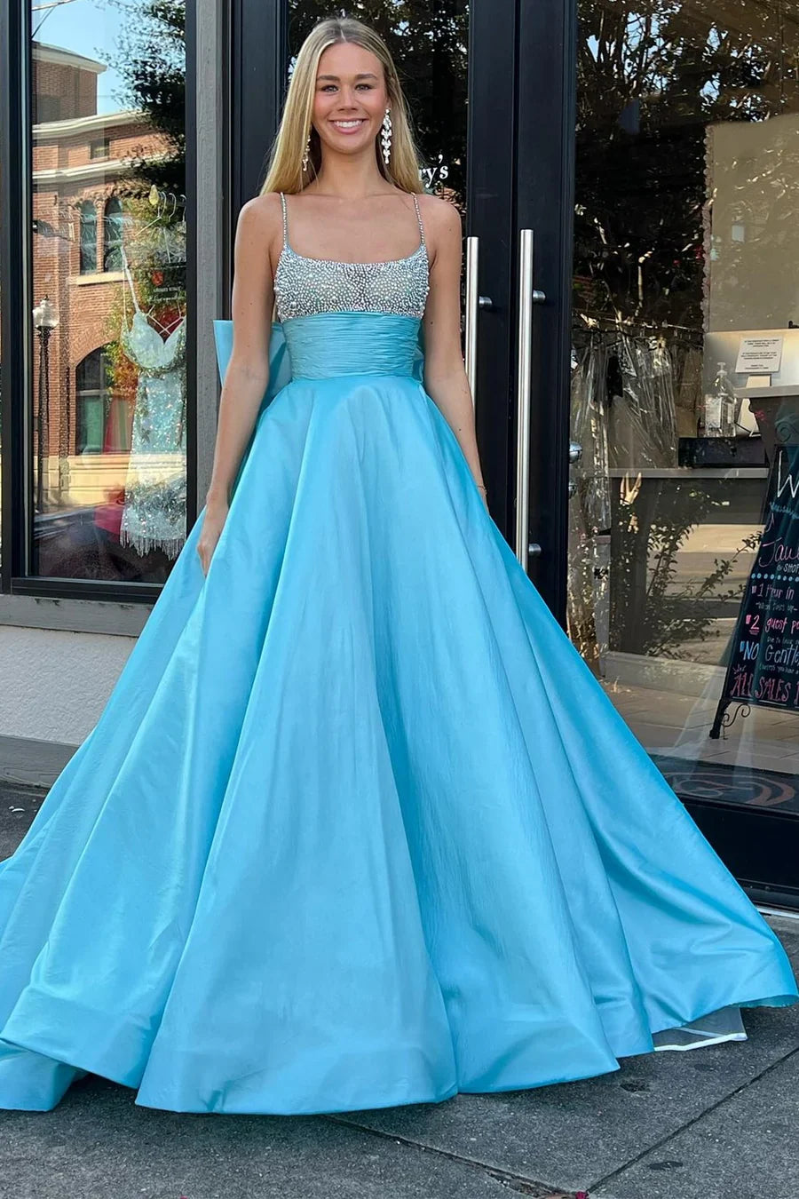 A-Line Beaded Bow-Back Long Prom Dress