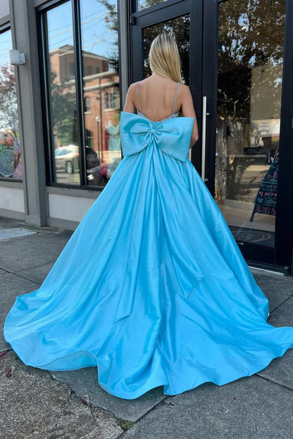 A-Line Beaded Bow-Back Long Prom Dress