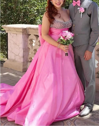 A-Line Beaded Bow-Back Long Prom Dress