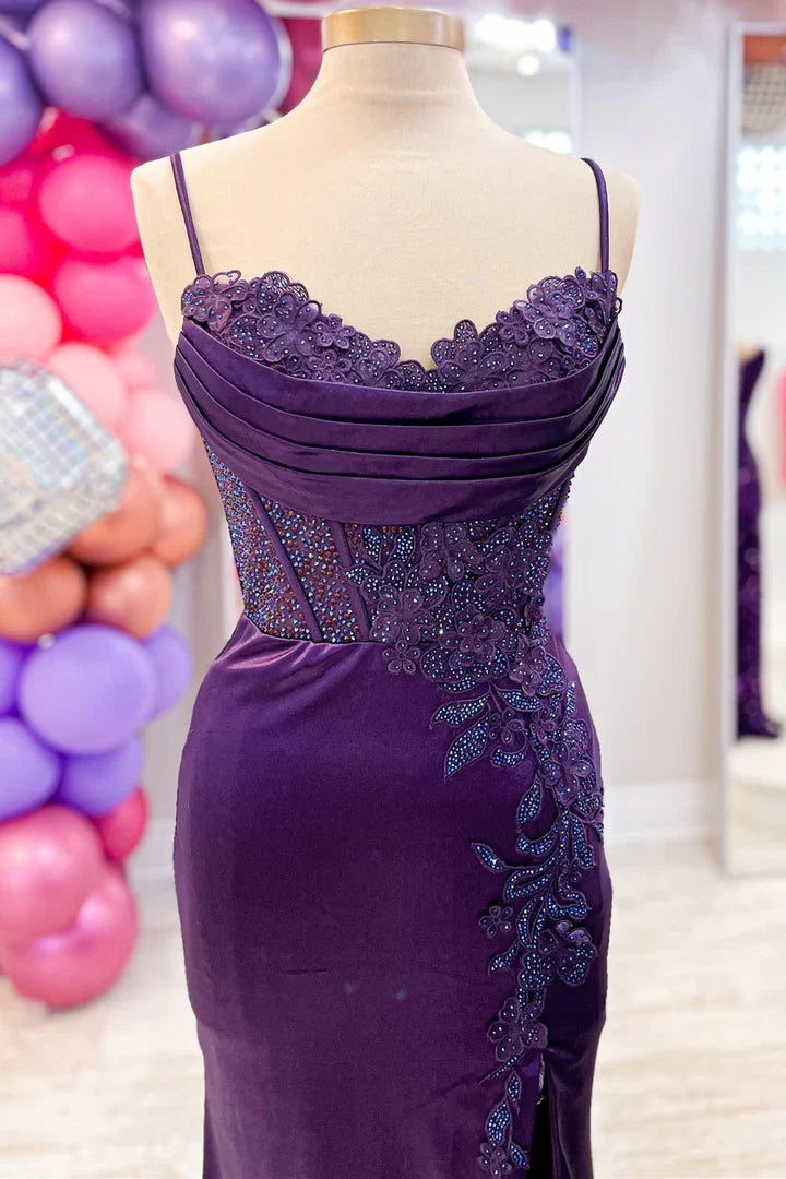 Spaghetti Strap Applique Mermaid Prom Dress with Slit