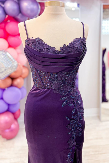 Spaghetti Strap Applique Mermaid Prom Dress with Slit
