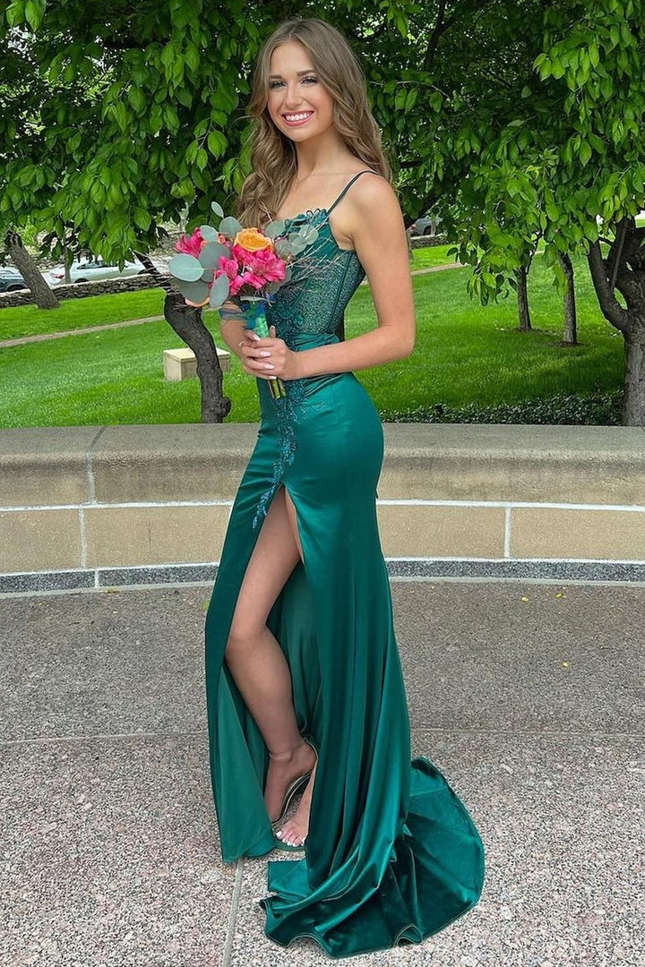 Spaghetti Strap Applique Mermaid Prom Dress with Slit