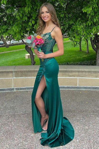 Spaghetti Strap Applique Mermaid Prom Dress with Slit