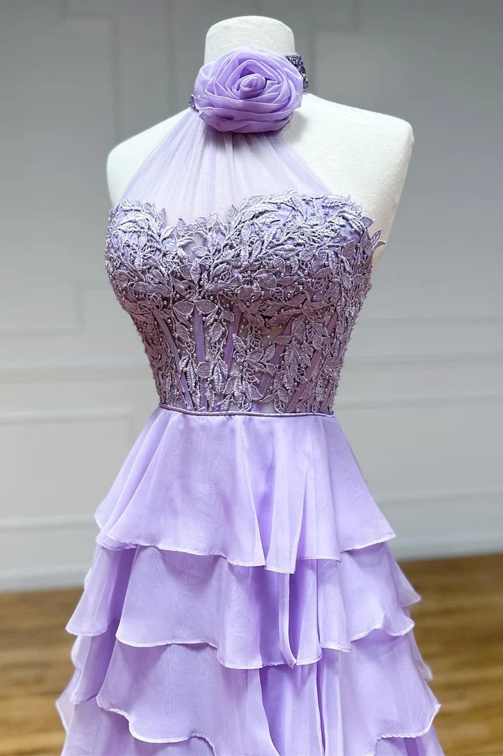 Halter Tiered Chiffon Flower Prom Dress with Ruffle