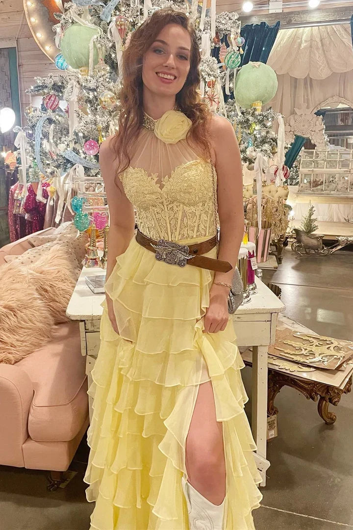 Halter Tiered Chiffon Flower Prom Dress with Ruffle