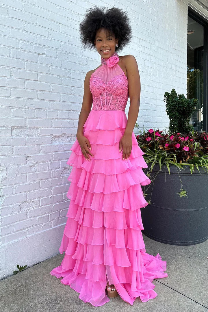 Halter Tiered Chiffon Flower Prom Dress with Ruffle