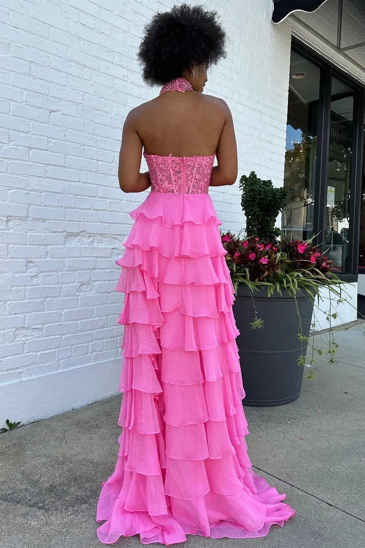 Halter Tiered Chiffon Flower Prom Dress with Ruffle