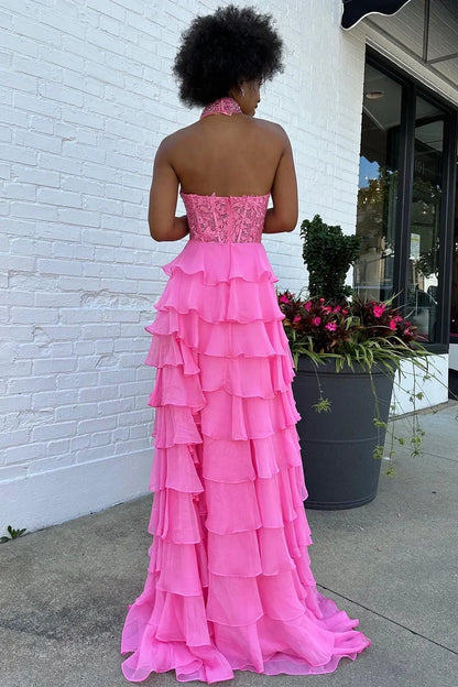 Halter Tiered Chiffon Flower Prom Dress with Ruffle