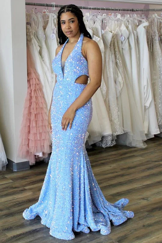 Sequin Halter Trumpet Prom Dress With Waist Cutout