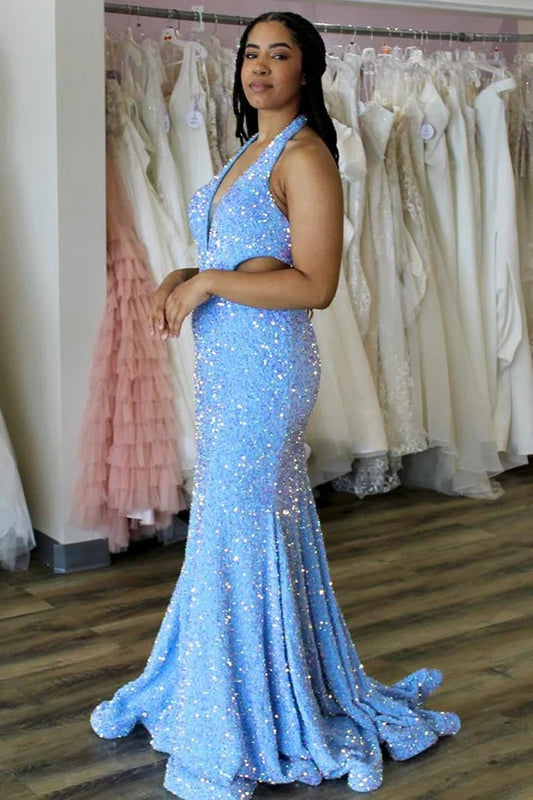 Sequin Halter Trumpet Prom Dress With Waist Cutout