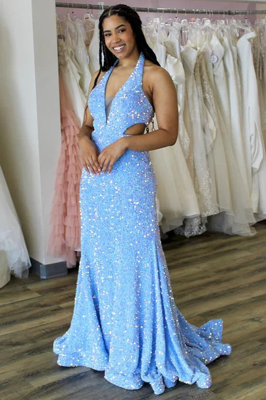 Sequin Halter Trumpet Prom Dress With Waist Cutout