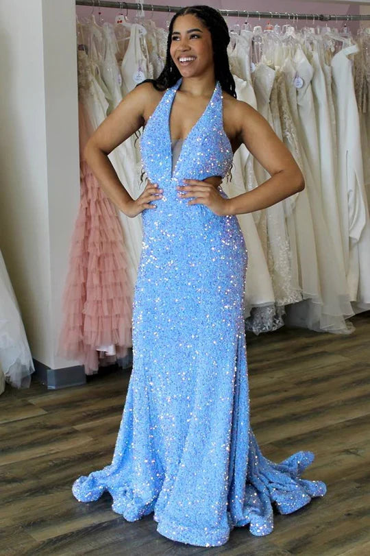 Sequin Halter Trumpet Prom Dress With Waist Cutout